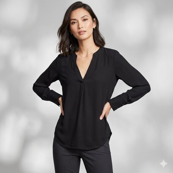 Ann Taylor Black V-Neck Blouse Long Sleeve Button Cuff Shirt Size XS Professiona - Picture 2 of 14